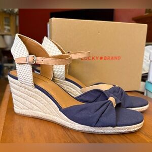 Lucky Brand Navy and Tan Espadrille Wedge Sandals